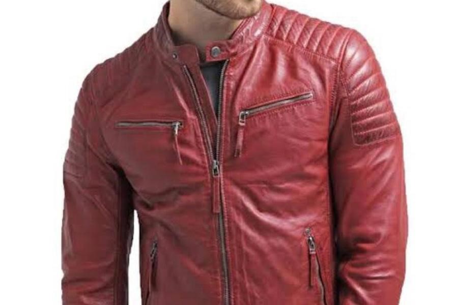Man wearing a red leather jacket
