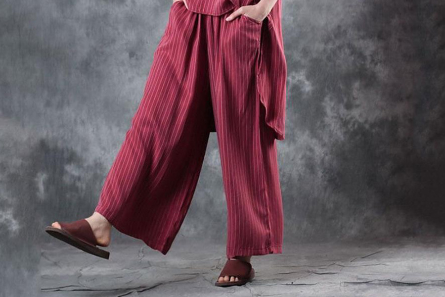 Woman in red baggy trousers