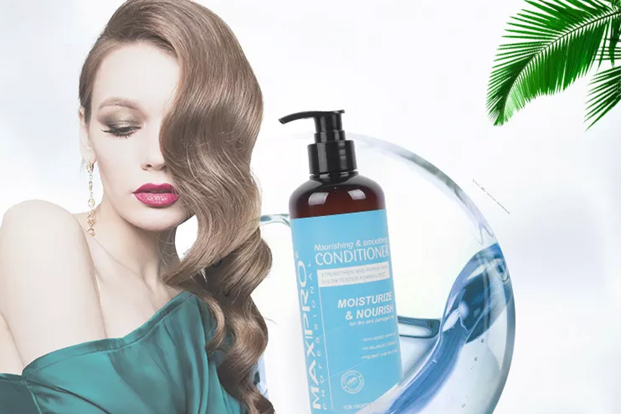 Woman with smooth, shiny hair next to a hair conditioner