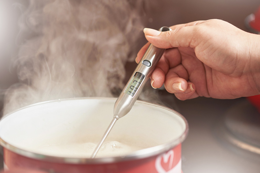 A female hand measuring temperature in the pan with an instant-read digital thermometer.”