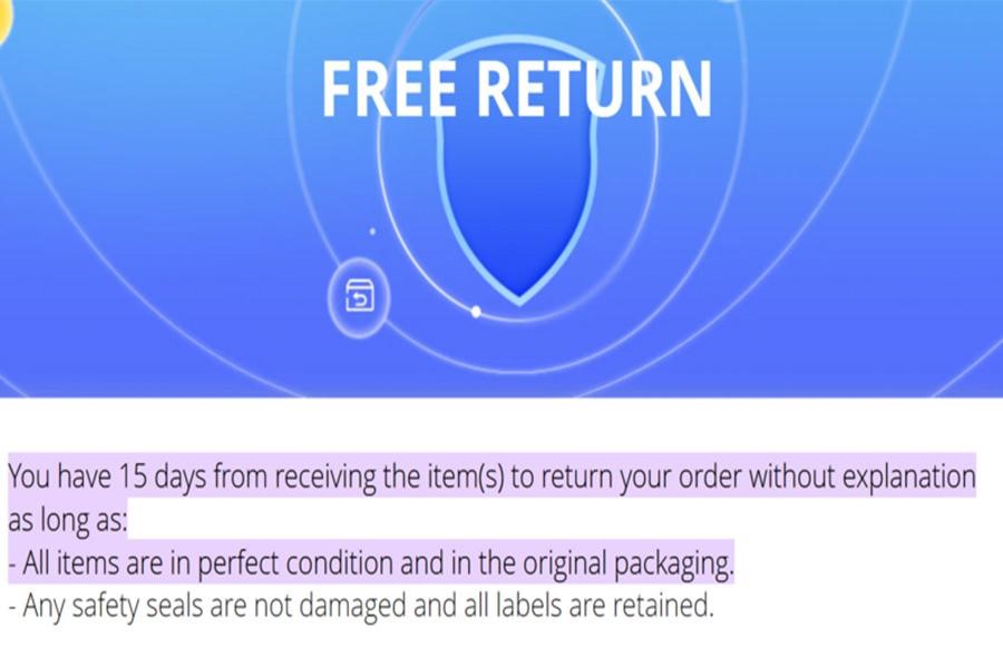 A screenshot of the free return policy by AliExpress