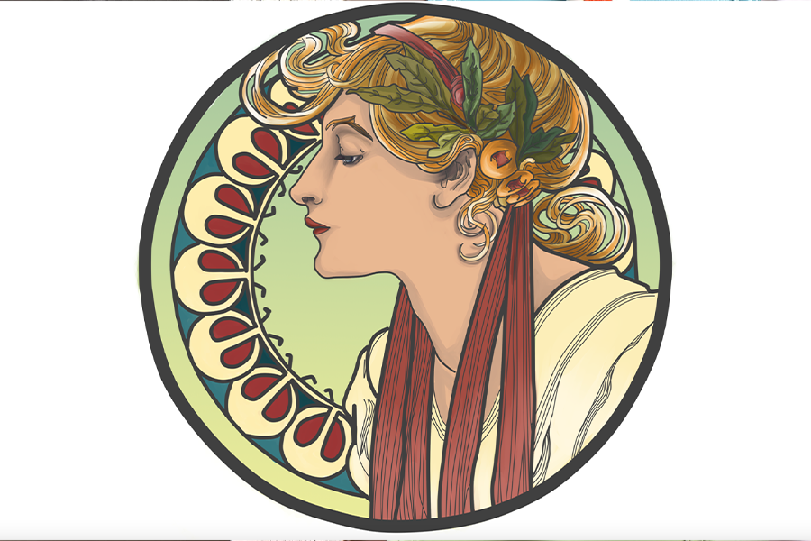 Art nouveau style artwork with green and red