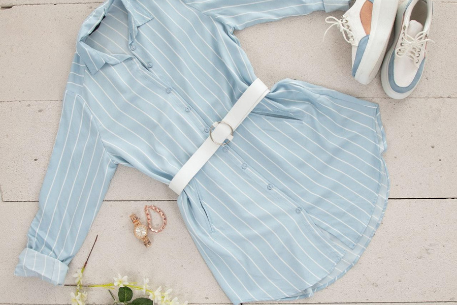 Blue dress with white stripes