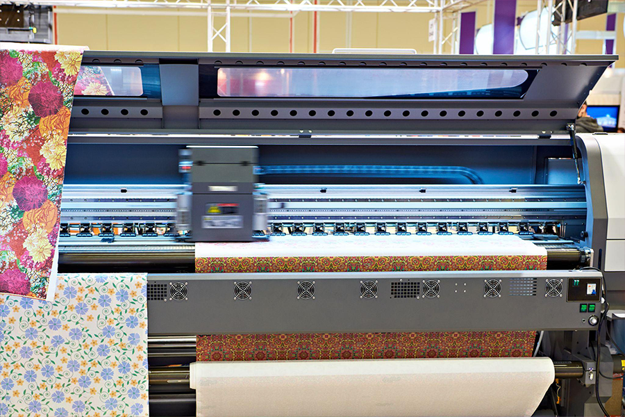 Direct-to-fabric printing machine during operation