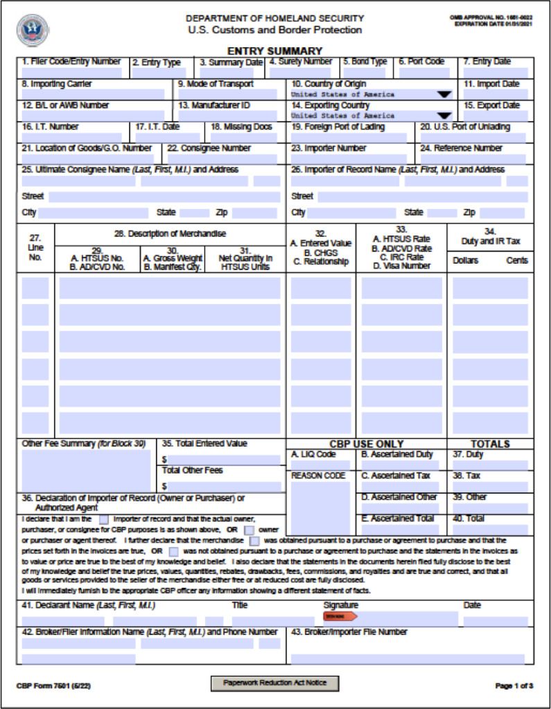 example of US CBP form 7501