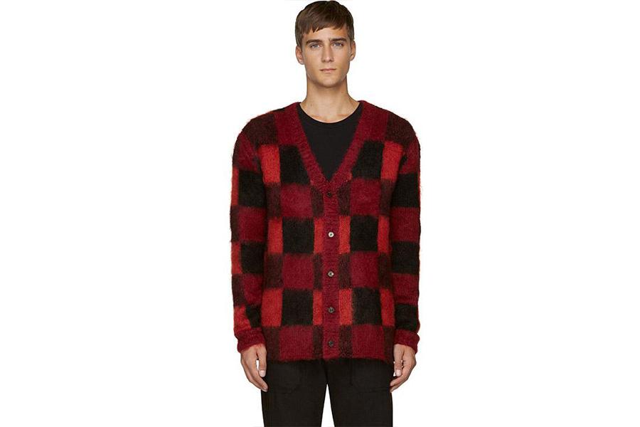 Man wearing black and red checkered cardigan