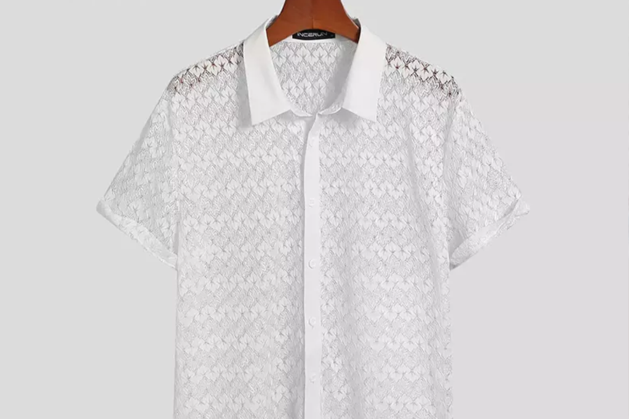 Mesh shirt for men with lace lapel collar