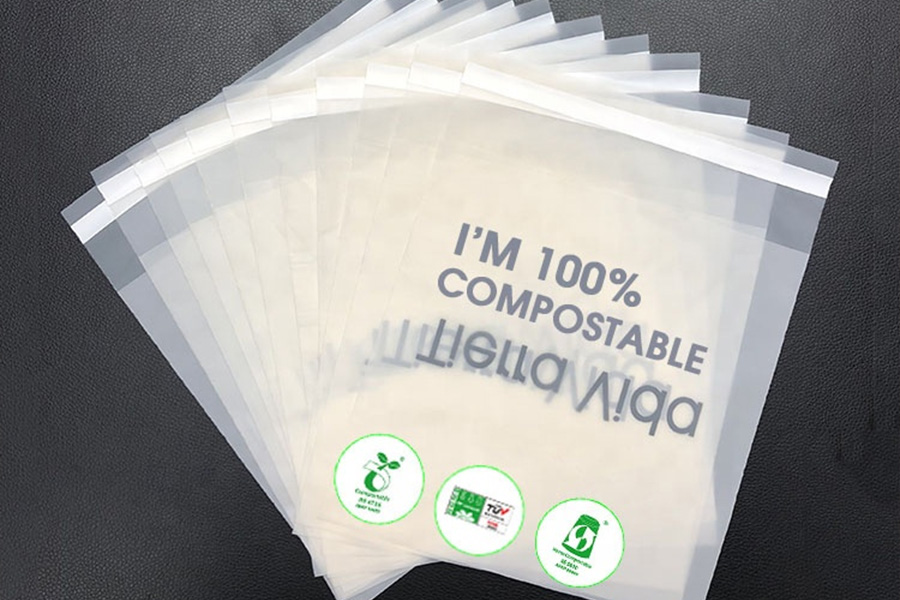 Pile of compostable bags used for shipping clothing