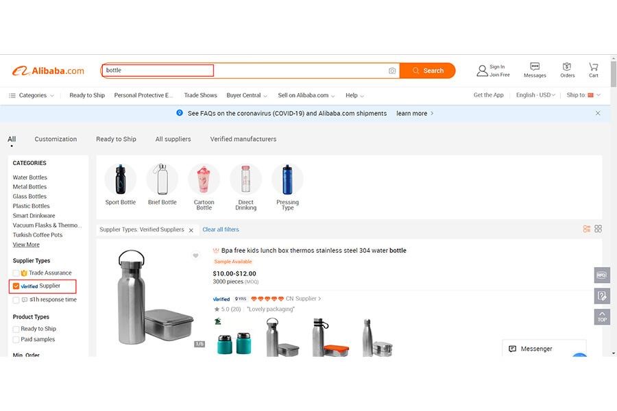 Screenshot of product search results on Alibaba.com