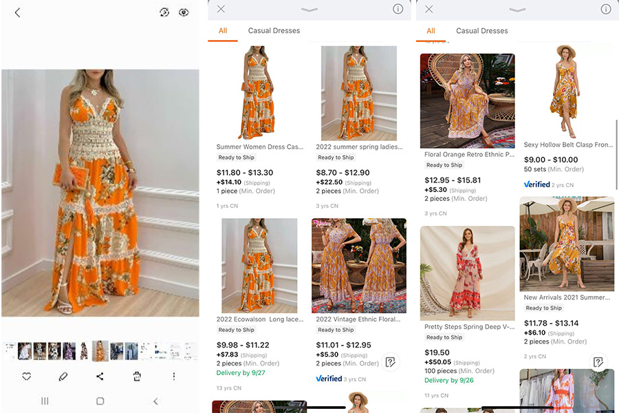 Screenshot of similar products to orange women’s dress