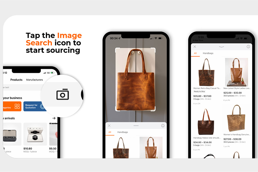 Screenshot showcasing the image search icon next to handbags