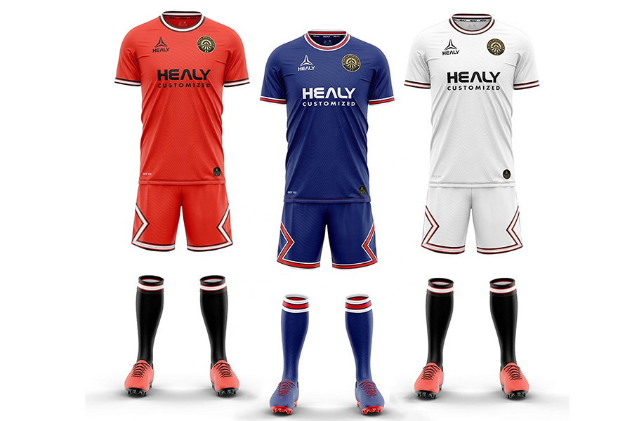 Three youth soccer jersey sets in red, blue, and white