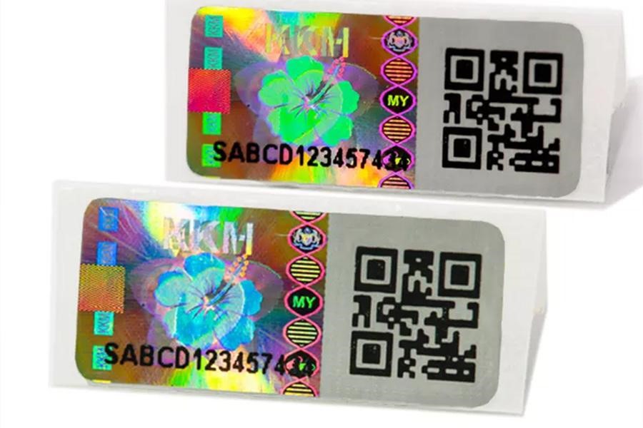 Two holographic QR code stickers with floral pattern