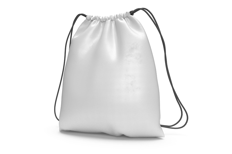 White drawstring backpack on a white background