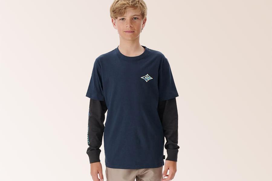 Young boy wearing a black and blue two-in-one shirt