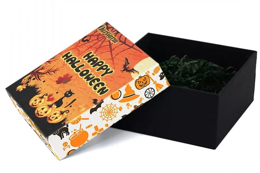 Halloween themed gift box with black bottom and filling inside