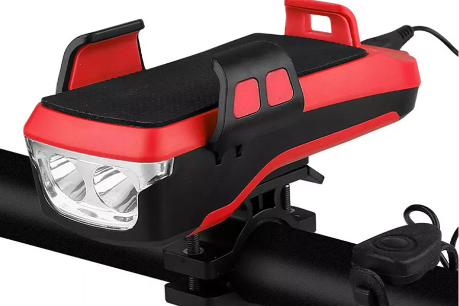 Red mobile phone holder with a light on the front