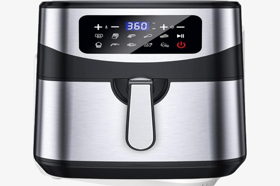 Silver and black air fryer with digital controls