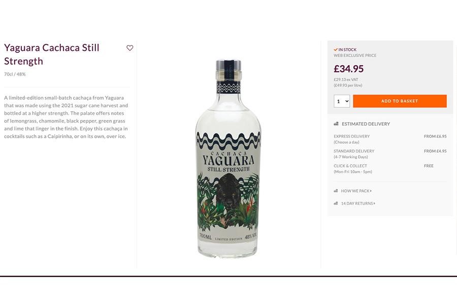 The product description for Yaguara Cachaça gives all the key information immediately, thereby peaking the interest but not boring the consumer.