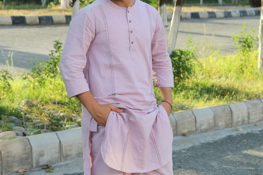 Tunic with no collar, paired with matching trousers