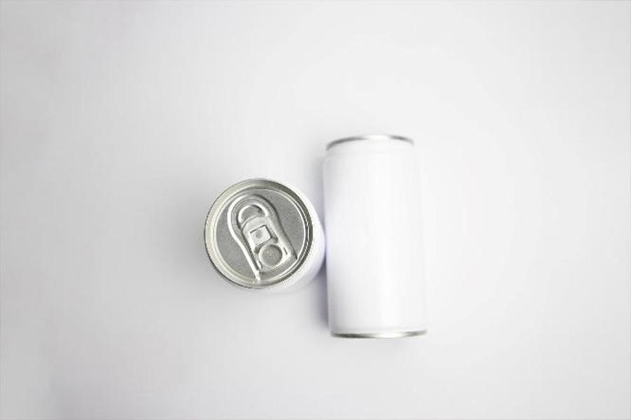 White metal cans in the shape of beverage containers