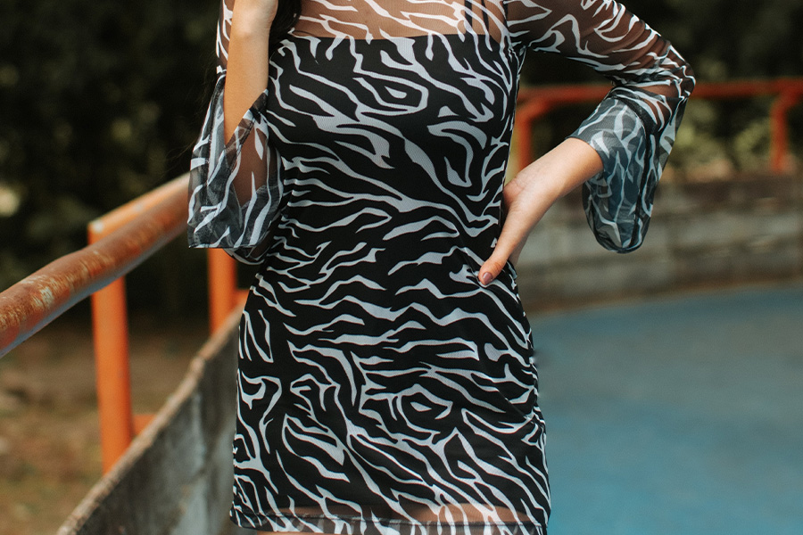 A woman wearing a zebra mini dress with sleeves