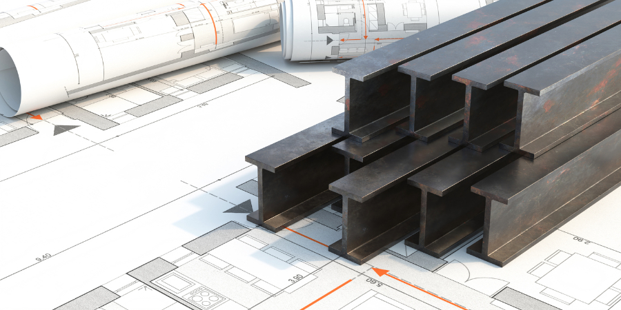 Steel beams stack on project blueprints background