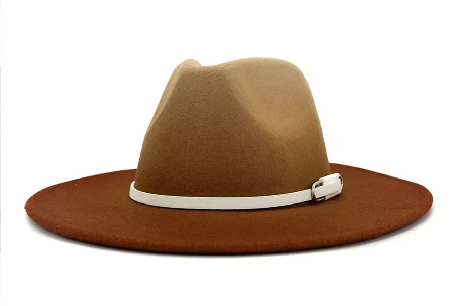 brown felt hat with a white leather ribbon around it