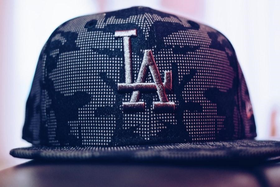 Close shot of a printed LA snapback hat