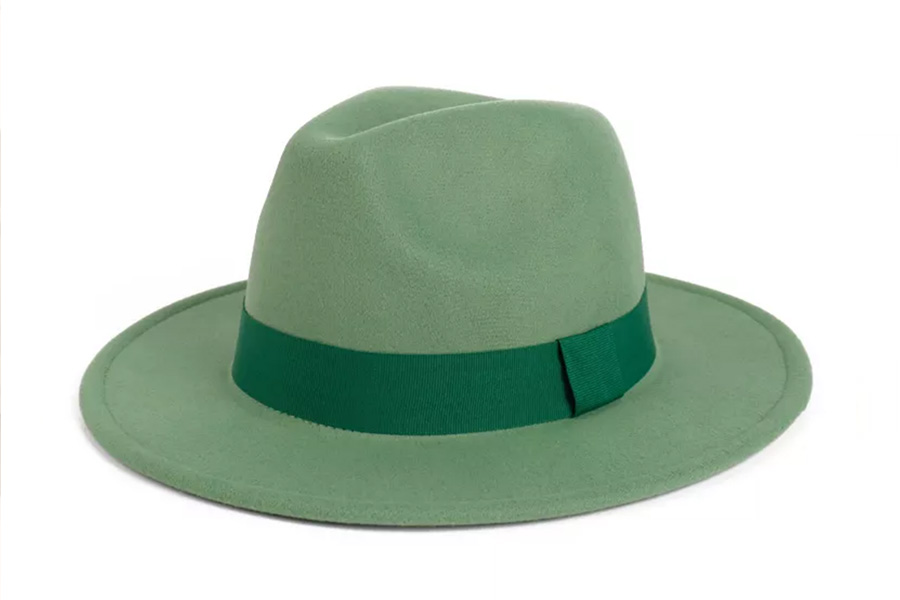 green felt hat with a dark green ribbon around it