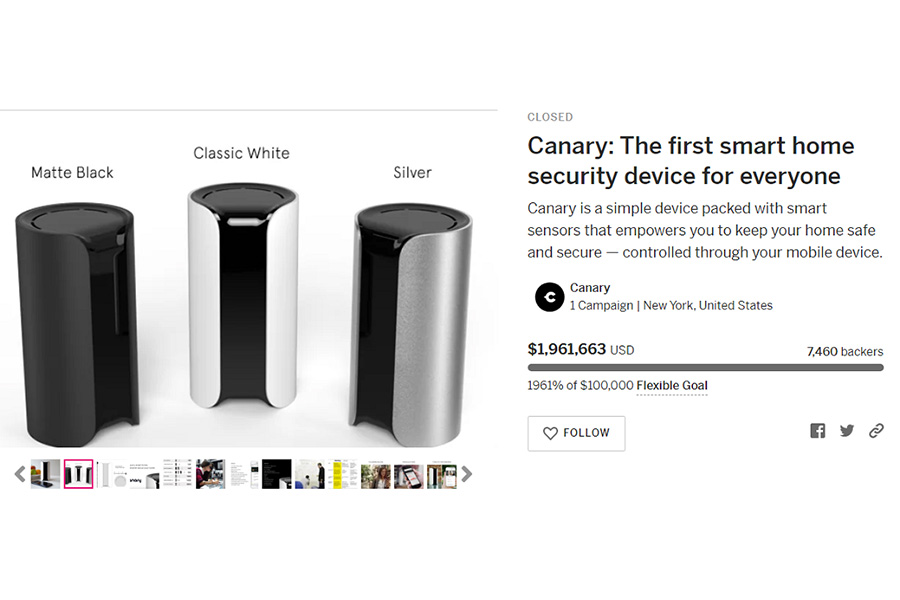 An Image of Canary’s Smart Home Security page on Indiegogo