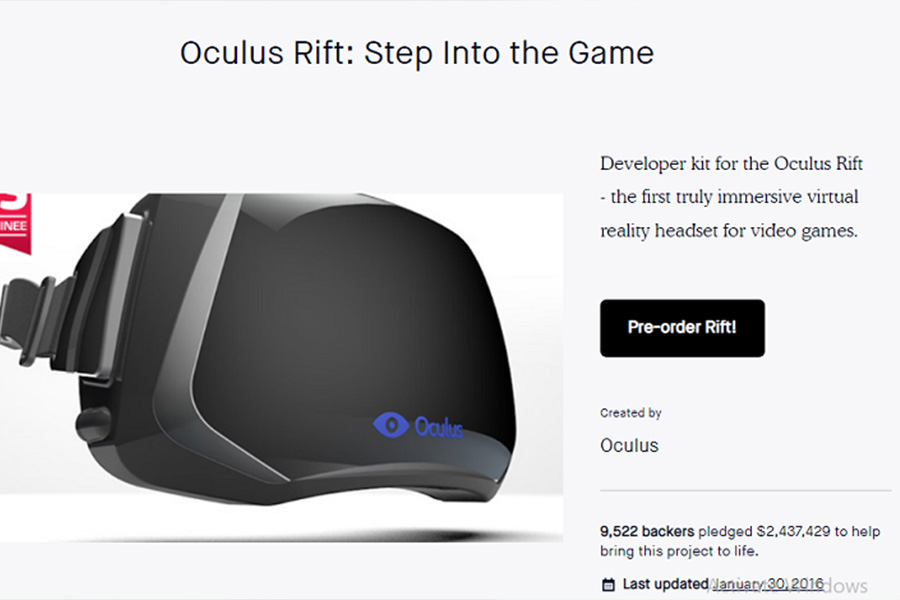An image of Oculus Rift’s page on Kickstarter