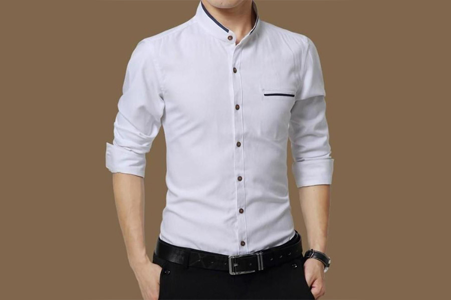 man in white band-collared shirt