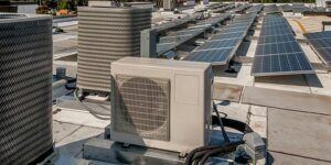 Rooftop HVAC installation with solar air conditioning units