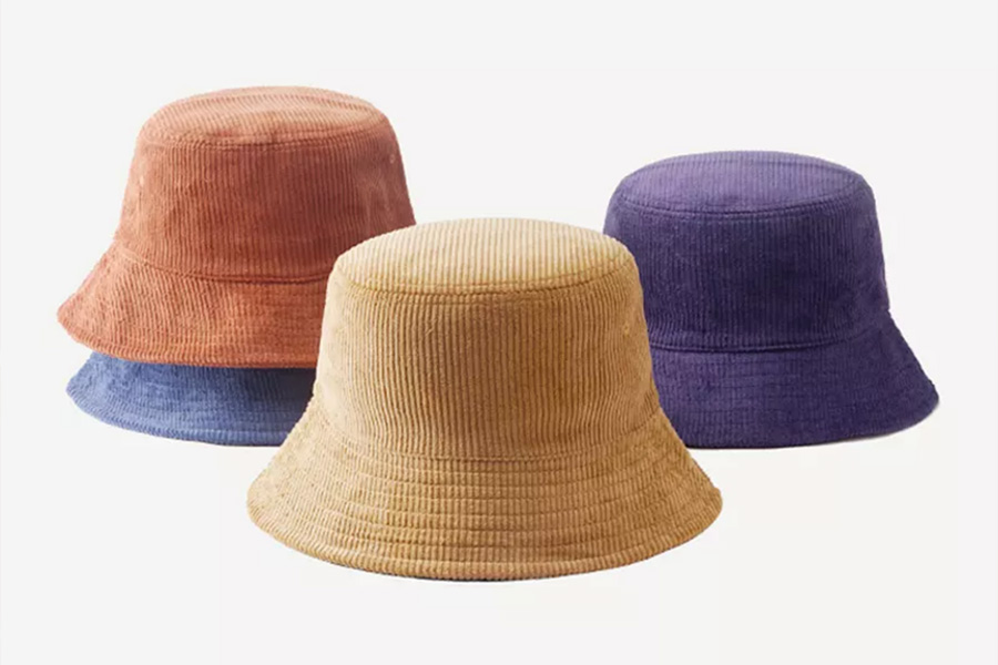 Selection of bucket hats made of corduroy in different colors