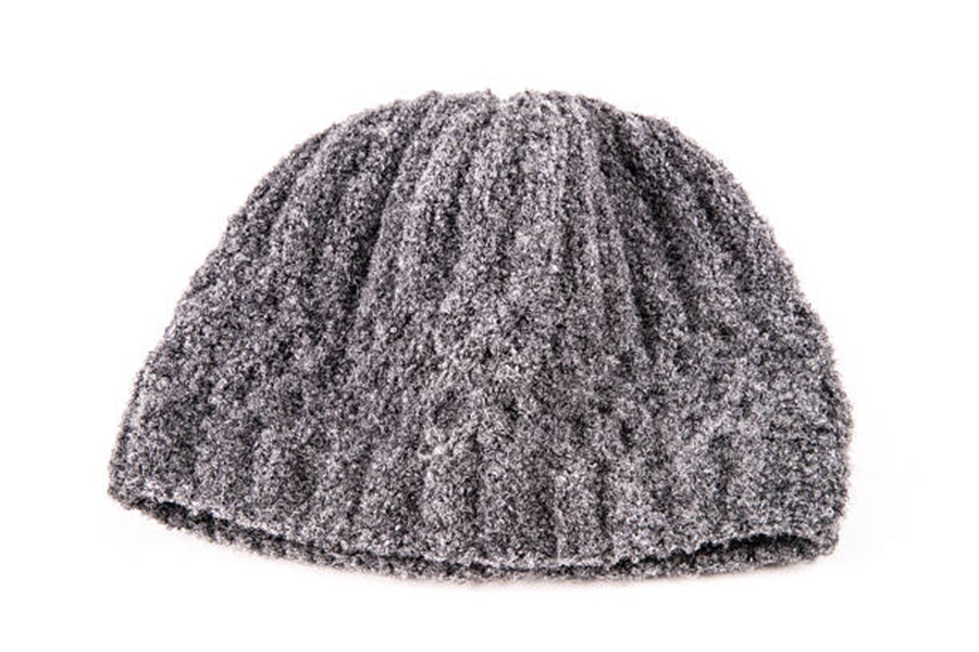 Short gray beanie on a white background