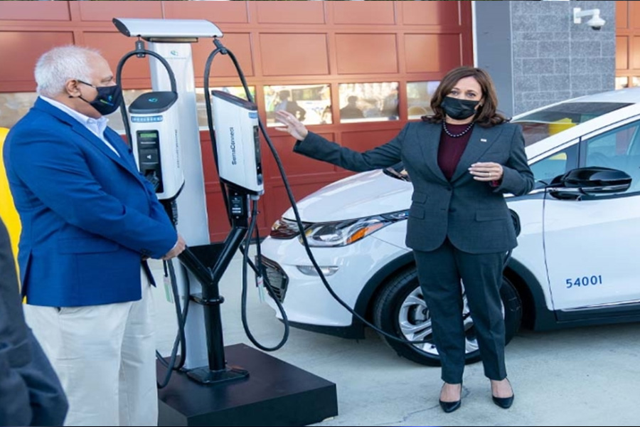 U.S. vice president Kamala Harris discusses EV charging projects