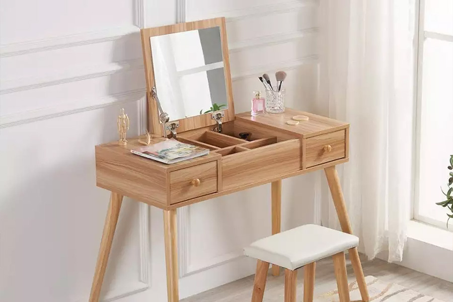 Wooden lift-up makeup vanity with two drawers