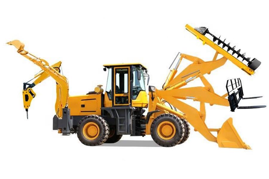 4-wheel drive loader showing multiple front and rear attachments