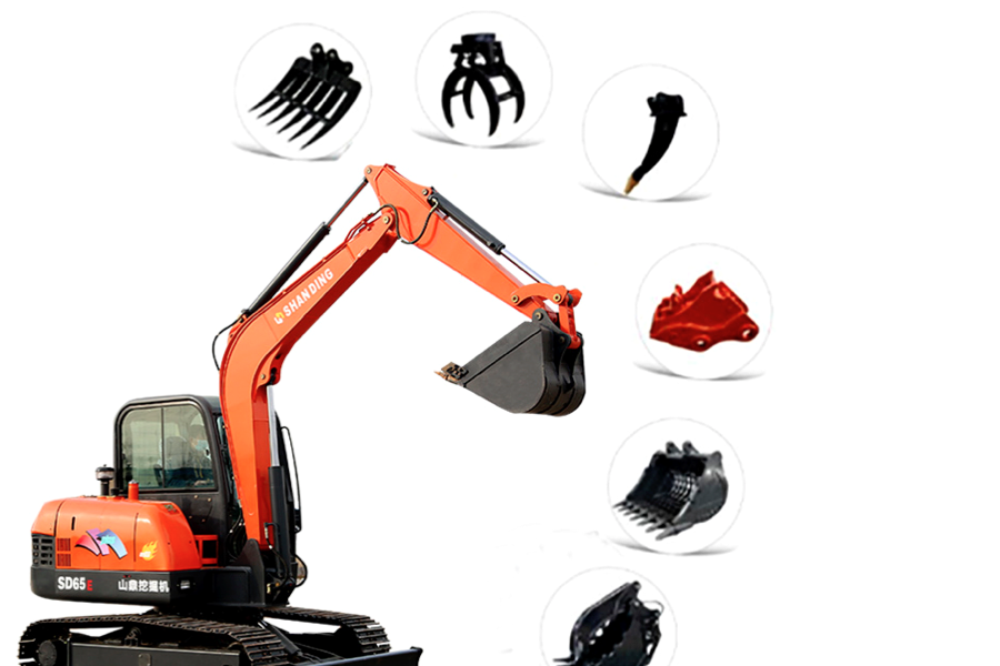 6 ton excavator with bucket showing optional attachments