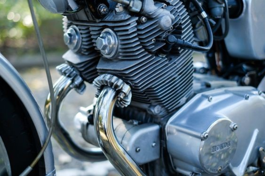 A close-up image of a motorcycle engine