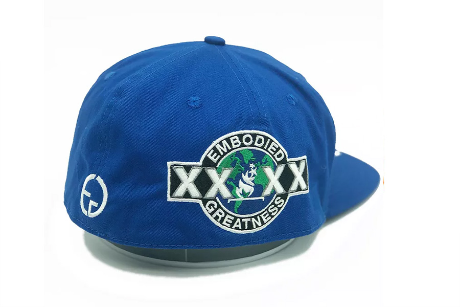A custom blue fitted flat-brim baseball cap