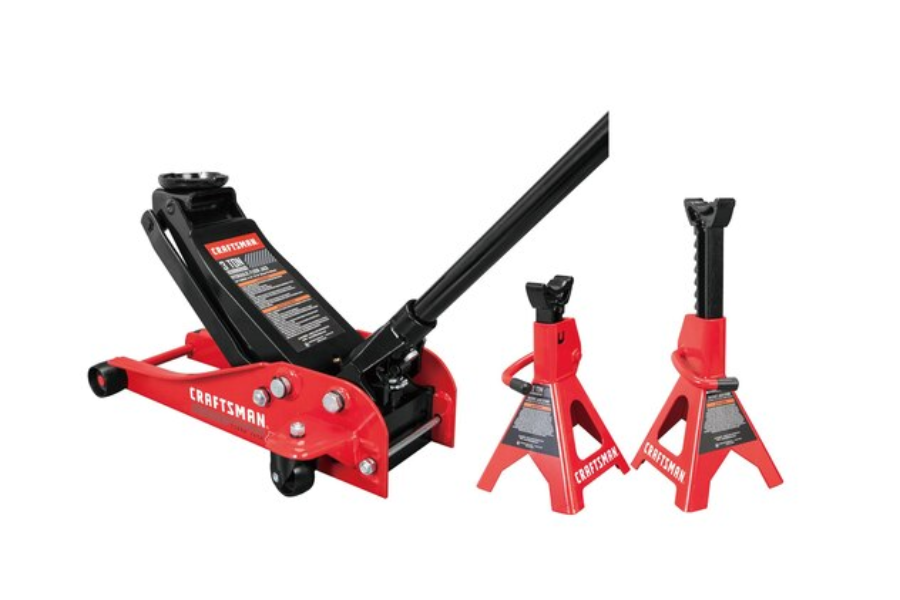 A floor jack and jack stand