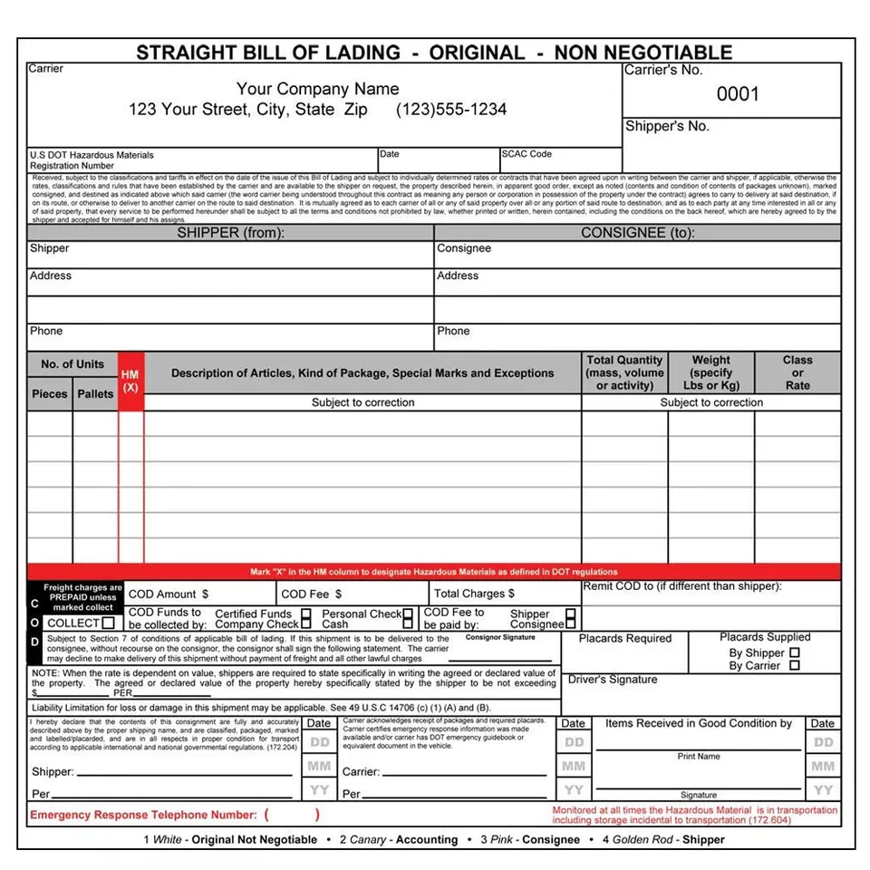 A generic template of a bill of lading