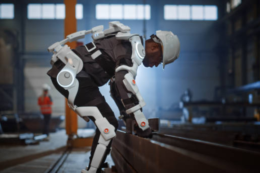 A man using a bionic exoskeleton at work