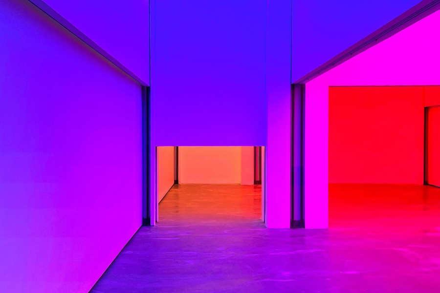 A room illuminated by different lights