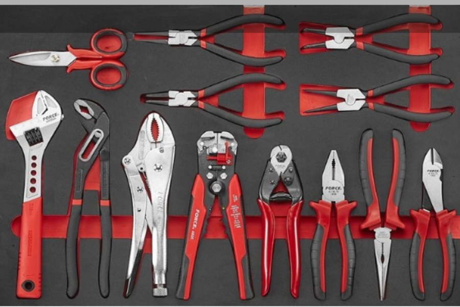 A set of pliers arranged by their type and size