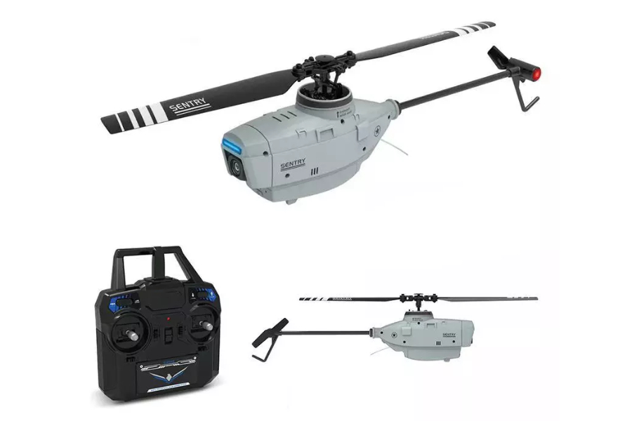 A single-rotor helicopter drone on a white background