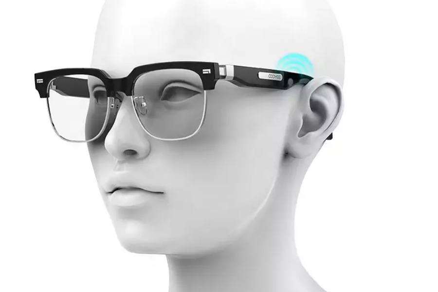 AI mockup of a person wearing glasses that have bone conduction headphone technology