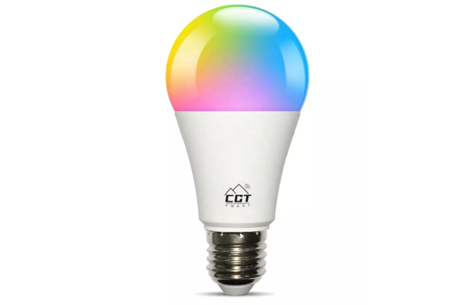An LED light bulb on a white background